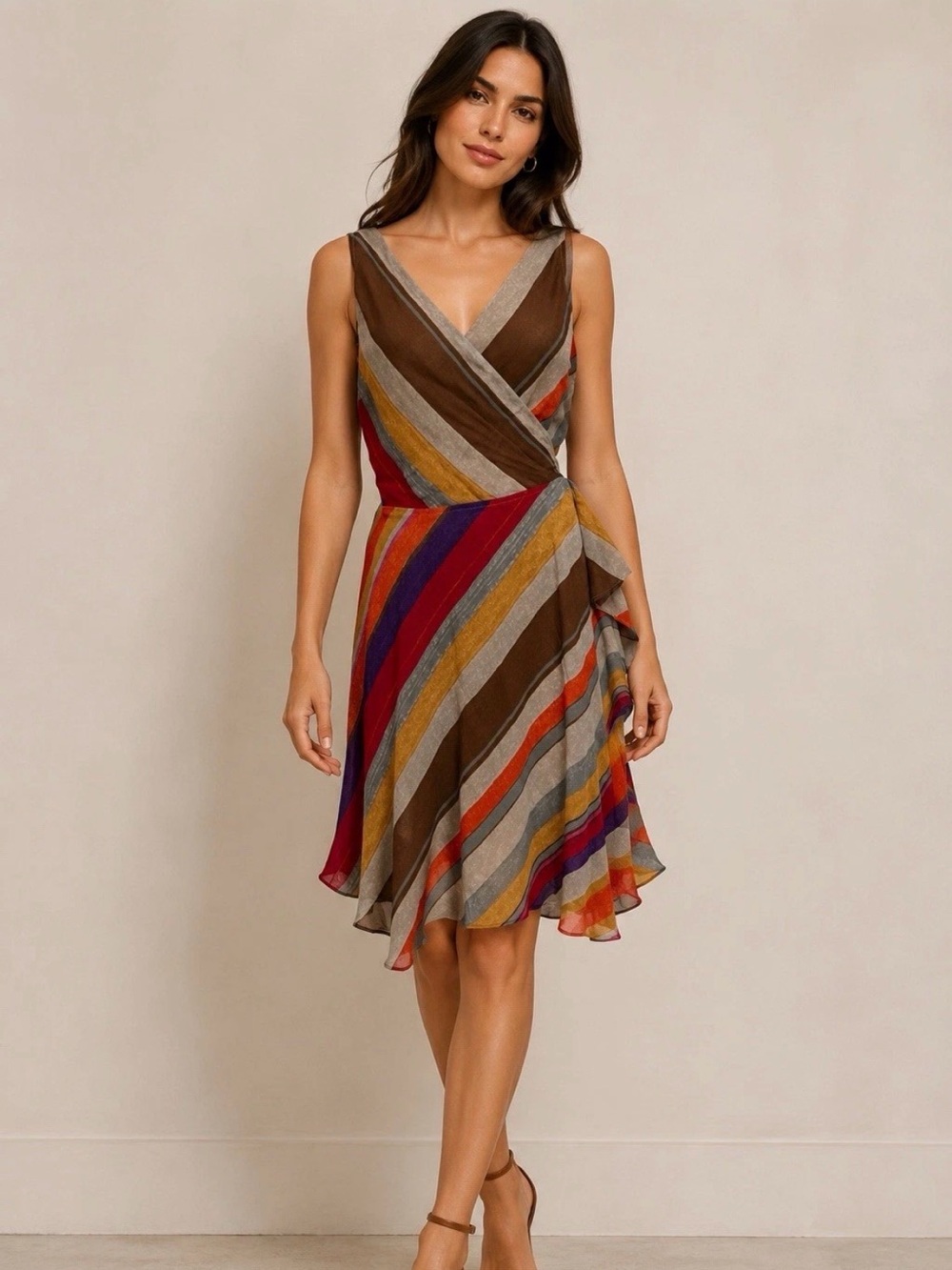 Ralph Lauren (LRL) Striped Wrap V-Neck Sleeveless Dress in Brown-Multi. Size 4